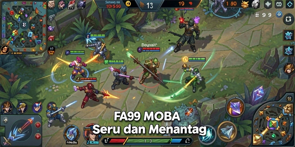 Tangkapan layar gameplay FA99 menampilkan pertempuran seru di arena MOBA.
