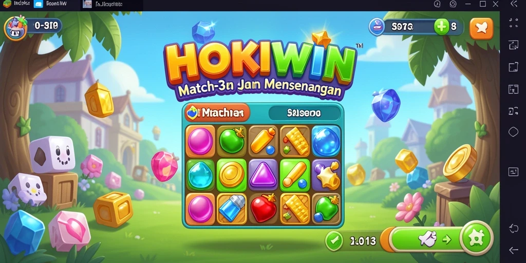Tangkapan layar HOKIWIN menampilkan gameplay Match-3 yang menarik dan penuh warna.