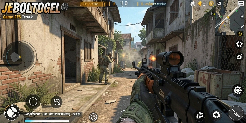 Screenshot gameplay JEBOLTOGEL menampilkan aksi menembak yang intens.