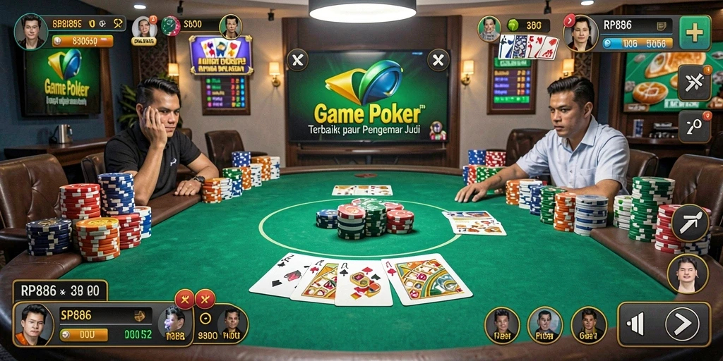 Tampilan gameplay poker yang mendebarkan dan interaktif.