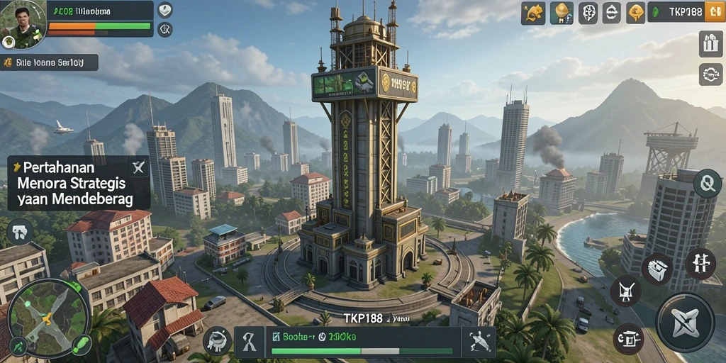 Screenshot dari gameplay TKP188 yang menunjukkan pertahanan menara yang strategis.